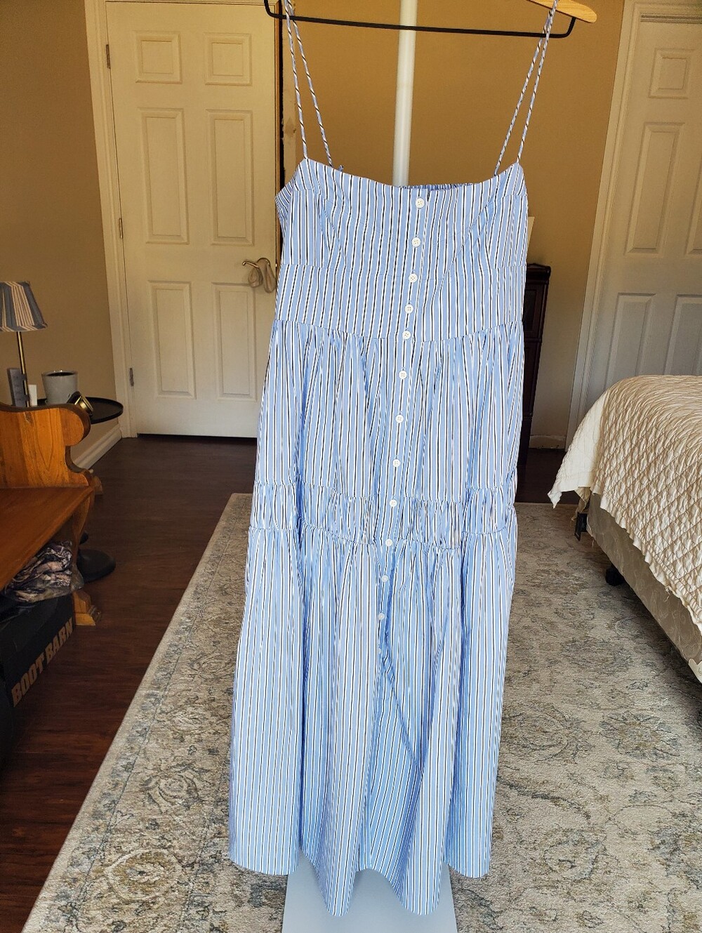 JCrew A-line Midi Blue White Striped Spaghetti Strap Dress Size 12